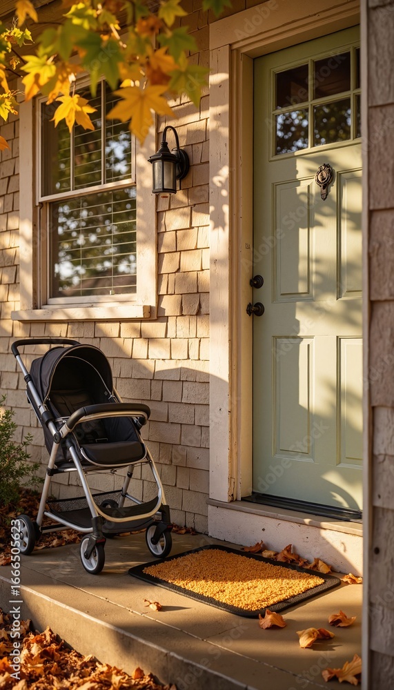 Obraz premium Stroller parked on porch with autumn leaves and green door