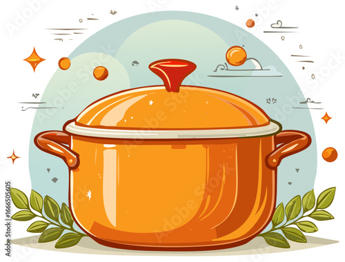 Orange Cooking Pot Illustration with Lid and Green Leaves