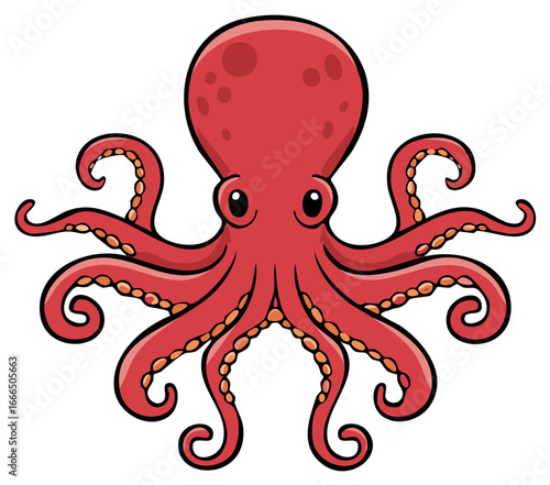 Friendly Red Octopus with Curled Tentacles and Big Eyes Cartoon Character