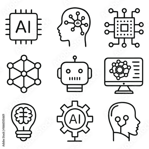 Adobe IllustratArtificial intelligence icons set, AI brain and technology symbols
or Artwork