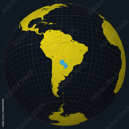 Paraguay on Globe. Country view on the world map in Charcoal Bright Yellow color palette. Paraguay shape on map. Globe with meridians, parallels, countries, rivers and lakes.
