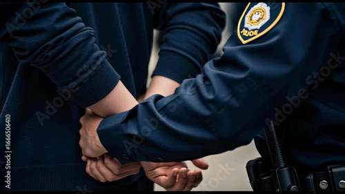 Man under arrest. Rear view of police officer arresting criminal. Justice, law enforcement, and crime concept. Video footage.