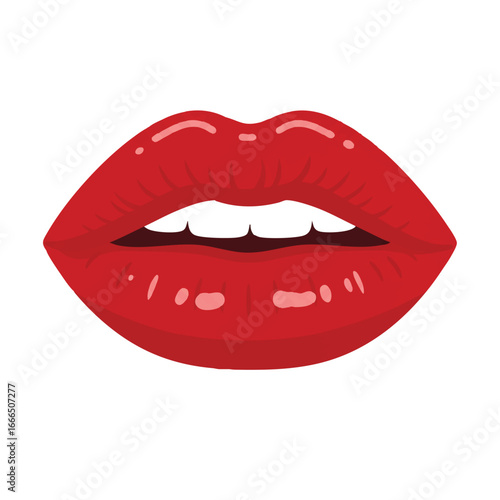 Vibrant red lips are expertly depicted in a clean, minimalist 2D flat vector illustration, showcasing solid colors and crisp lines, isolated perfectly on a pure white background for web graphics.
