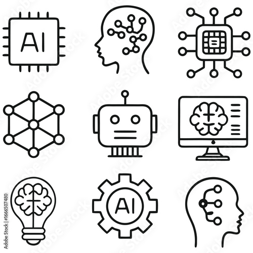 Adobe IllustratArtificial intelligence icons set, AI brain and technology symbols
or Artwork