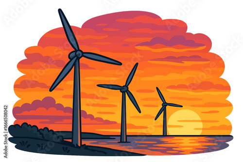Wind turbines generate clean energy at sunset. Renewable power farm on shoreline. Alternative, sustainable electricity generation. Offshore wind power concept. Vector cartoon landscape.