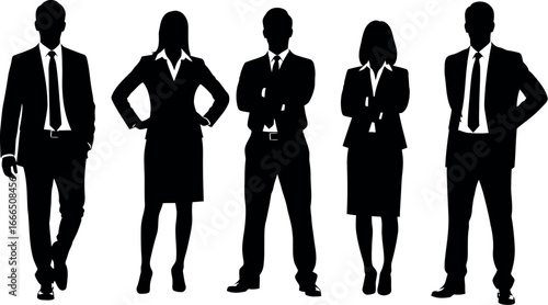 Silhouettes of a business team, standing confidently.