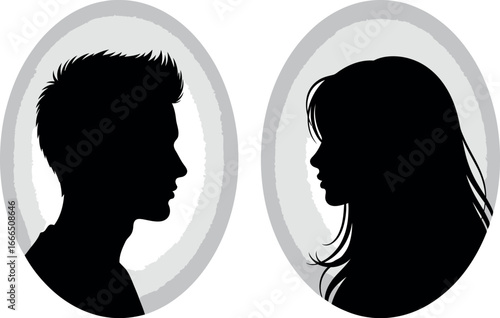 Silhouettes of a man and a woman facing each other in oval frames.