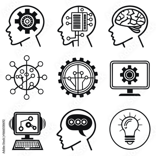 Adobe IllustratArtificial intelligence icons set, AI brain and technology symbols
or Artwork