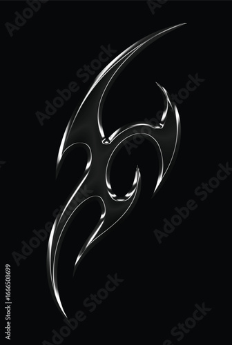 chrome metal of y2k neo tribal sigilism gothic tatto. Flame shape liquid mercury. 3d illustration of abstract neo tribal cyber sigil metallic melted modern burn form, design element. 3D Illustration