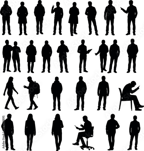 Collection of various black silhouette figures of people in different poses and activities, isolated on a white background.