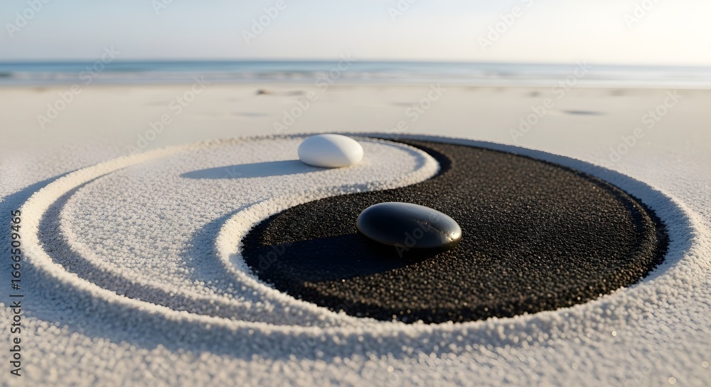 Obraz premium Yin-yang symbol crafted in sand with smooth black and white stones placed at the center, photographed on a serene beach with the sea and horizon in the background.