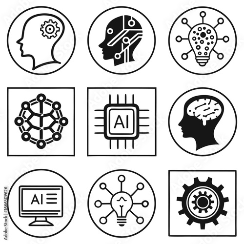 Adobe IllustratArtificial intelligence icons set, AI brain and technology symbols
or Artwork