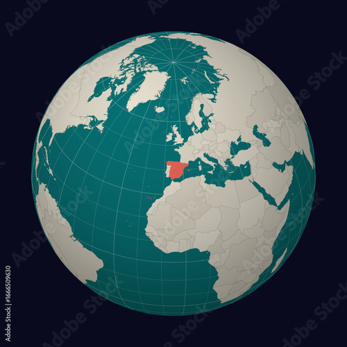 Spain on the map. Globe centered to Spain. Country location on the world map. Teal Pale Mint color palette. Globe with countries, meridians and parallels. Charming vector illustration.