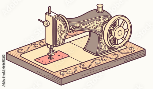Sewing machine isometric vector vintage old illustration tailor icon isolated retro
