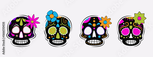 Day of the Dead skulls decorations with bright colorful ornaments and flowers, black heads, symbols of the Dia de Muertos celebration. Vector illustration, decorations for event greetings, cards.