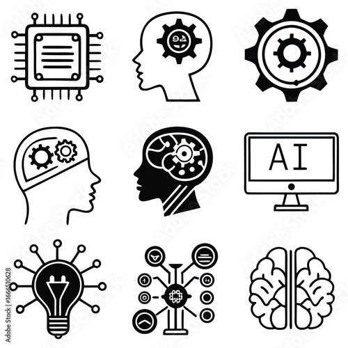 Adobe IllustratArtificial intelligence icons set, AI brain and technology symbols
or Artwork