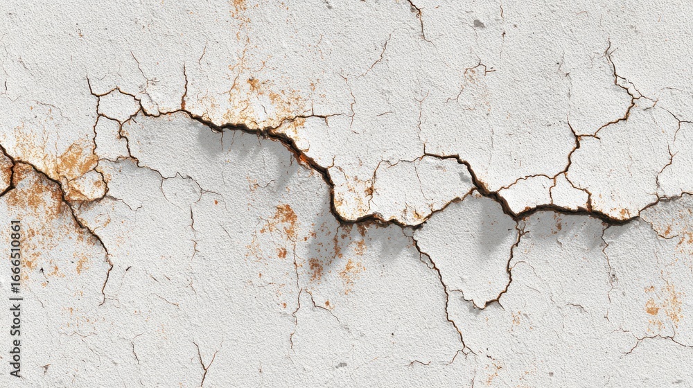 Obraz premium Aged Cracked White Wall Texture With Rust Stains, Weathered Surface Background, Vintage Rough Paint Peeling, Old Rustic Wall Detail, Grunge Abstract Pattern For Design And Artistic Projects
