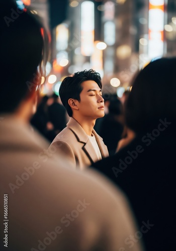 Serene Young Man Meditating Amidst Vibrant City Lights