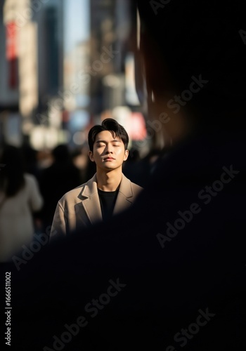 Serene Young Man Meditating Amidst Vibrant City Lights
