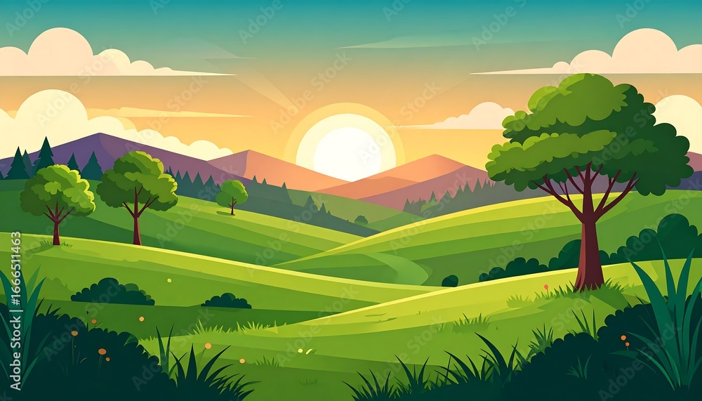Fototapeta premium Lush Green Hills at Sunrise, Peaceful Mountain Landscape Illustration.