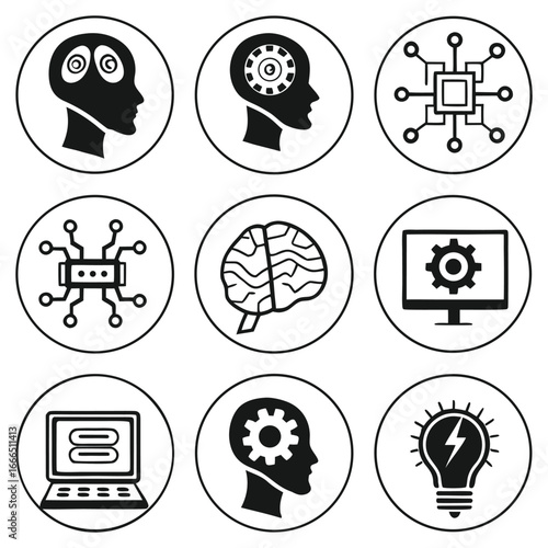 Adobe IllustratArtificial intelligence icons set, AI brain and technology symbols
or Artwork