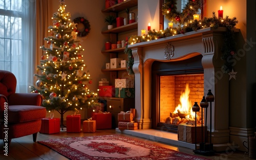 Christmas room with fireplace  an armchair and a Christmas tree with gifts. High quality