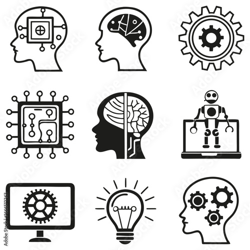 Adobe IllustratArtificial intelligence icons set, AI brain and technology symbols
or Artwork
