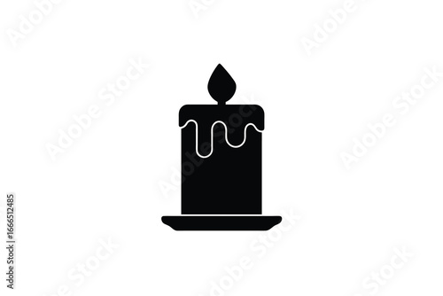 A black silhouette of a candle with a flame and melted wax on top