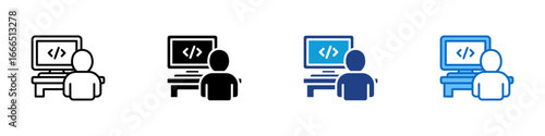 Developer Work Multiple Style Icon Vector Design - Person working in front of a monitor with code on screen, symbolizing a software developer at work