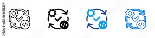 DevOps Cycle Multiple Style Icon Vector Design - Gear and checkmark with circular arrows and code symbol, symbolizing DevOps and CI/CD
