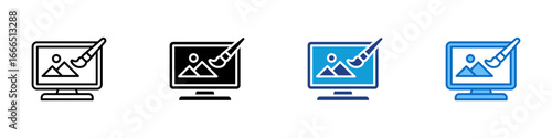 Graphic Editor Multiple Style Icon Vector Design - computer screen with an image and brush, symbolizing digital illustration or image editing