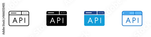 API Panel Multiple Style Icon Vector Design - browser window displaying the word “API,” denoting web API, integration, or developer interface
