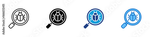 Bug Scan Multiple Style Icon Vector Design - magnifying glass focused on a bug, used to represent malware detection or software vulnerability scanning