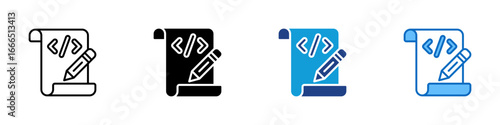 Code Draft Multiple Style Icon Vector Design - rolled-up scroll with code and pencil, representing an early code draft or handwritten script idea
