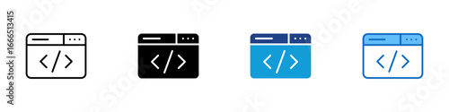 Code Editor Multiple Style Icon Vector Design - Browser window with coding symbols, representing source code editing or programming