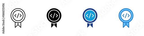 Code Badge Multiple Style Icon Vector Design - medal or badge with code tag in the center, representing coding achievement or certification