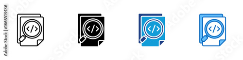 Code Review Multiple Style Icon Vector Design - Document with magnifying glass and code symbol, representing code inspection or quality check