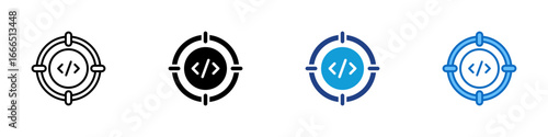 Code Targeting Multiple Style Icon Vector Design - target or scope symbol with code tag in the center, representing focused development or debugging objective