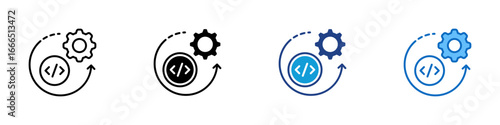 Code Iteration Multiple Style Icon Vector Design - Circular arrow with code and gear, representing iteration in software development or version updates