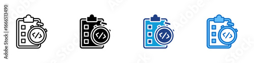 Code Task Multiple Style Icon Vector Design - checklist clipboard with stopwatch and code tag, symbolizing a coding task with a deadline or sprint