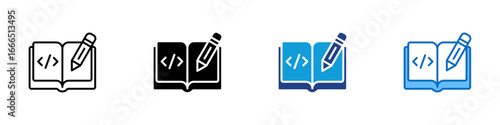 Code Writing Multiple Style Icon Vector Design - Open book with pencil and code symbol, representing code documentation or script creation