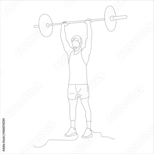 Single continuous line drawing of young strong weightlifter man preparing for barbell workout in gym.