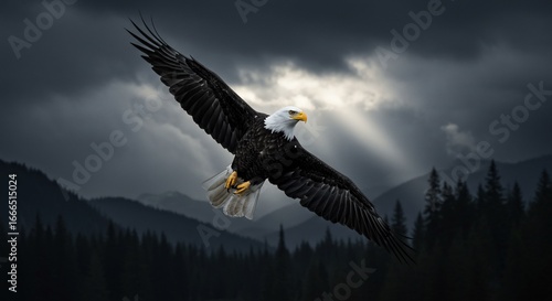 Majestic Bald Eagle Soaring Through Stormy Mountains