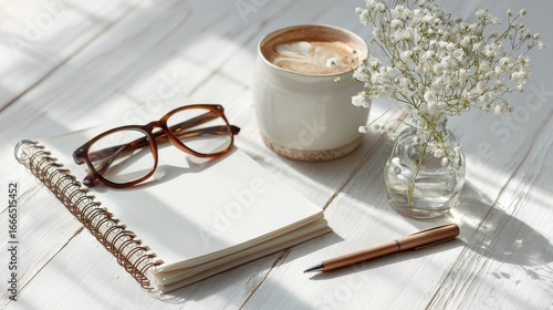 Wallpaper Mural Sunlit Desk With Coffee, Notebook, Eyeglasses And White Baby’s Breath Flowers, Cozy And Inviting Workspace, Morning Calm And Creativity Boost Torontodigital.ca