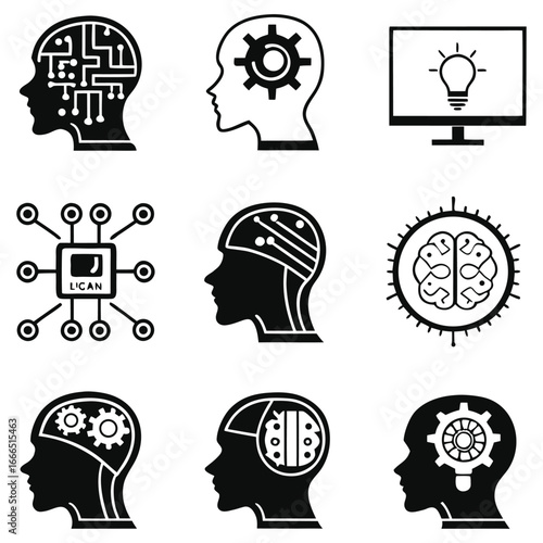 Adobe IllustratArtificial intelligence icons set, AI brain and technology symbols
or Artwork