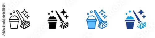 Cleaning Supplies Multi Style Icon Vector Design - Mop and bucket with bubbles and sparkles, representing cleaning tools and hygiene efforts