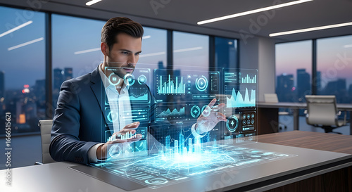 Man in suit interacting with holographic display in modern office with city skyline view at dusk ai generated