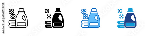 Laundry Detergent Multi Style Icon Vector Design - Detergent bottle with folded towels and flower scent icons, symbolizing fabric cleaning