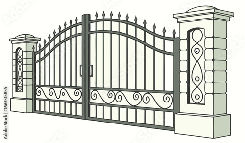 only Gate with iron fence door and metal cartoon manor decoration. Front entrance from ironwork grid vector illustration. Old lattice wrought and classic frame ornament for park. Security steel struct
