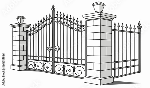 only Gate with iron fence door and metal cartoon manor decoration. Front entrance from ironwork grid vector illustration. Old lattice wrought and classic frame ornament for park. Security steel struct